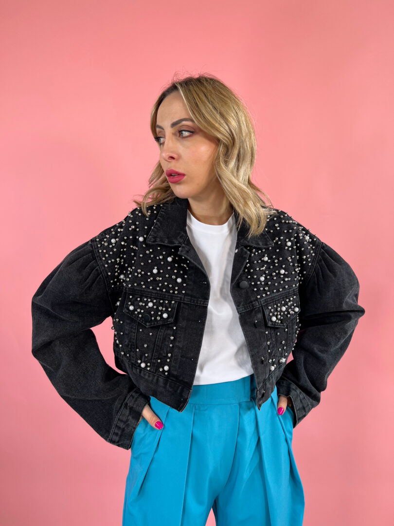 Giacca jeans perle e borchie